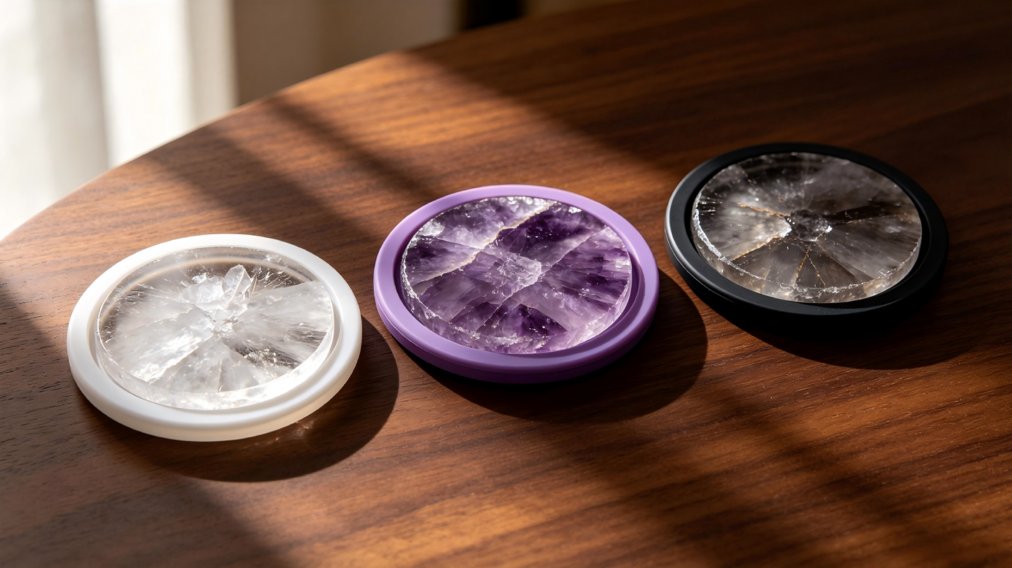 Crystal Coasters – Set of 4 | Amethyst + Rose + Smoky + Clear